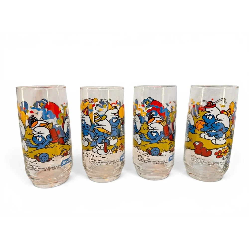 Vintage 1983 Smurf Drinking Glass Lot of 7 Peyo Wallace Berrie Baker Papa Clumsy